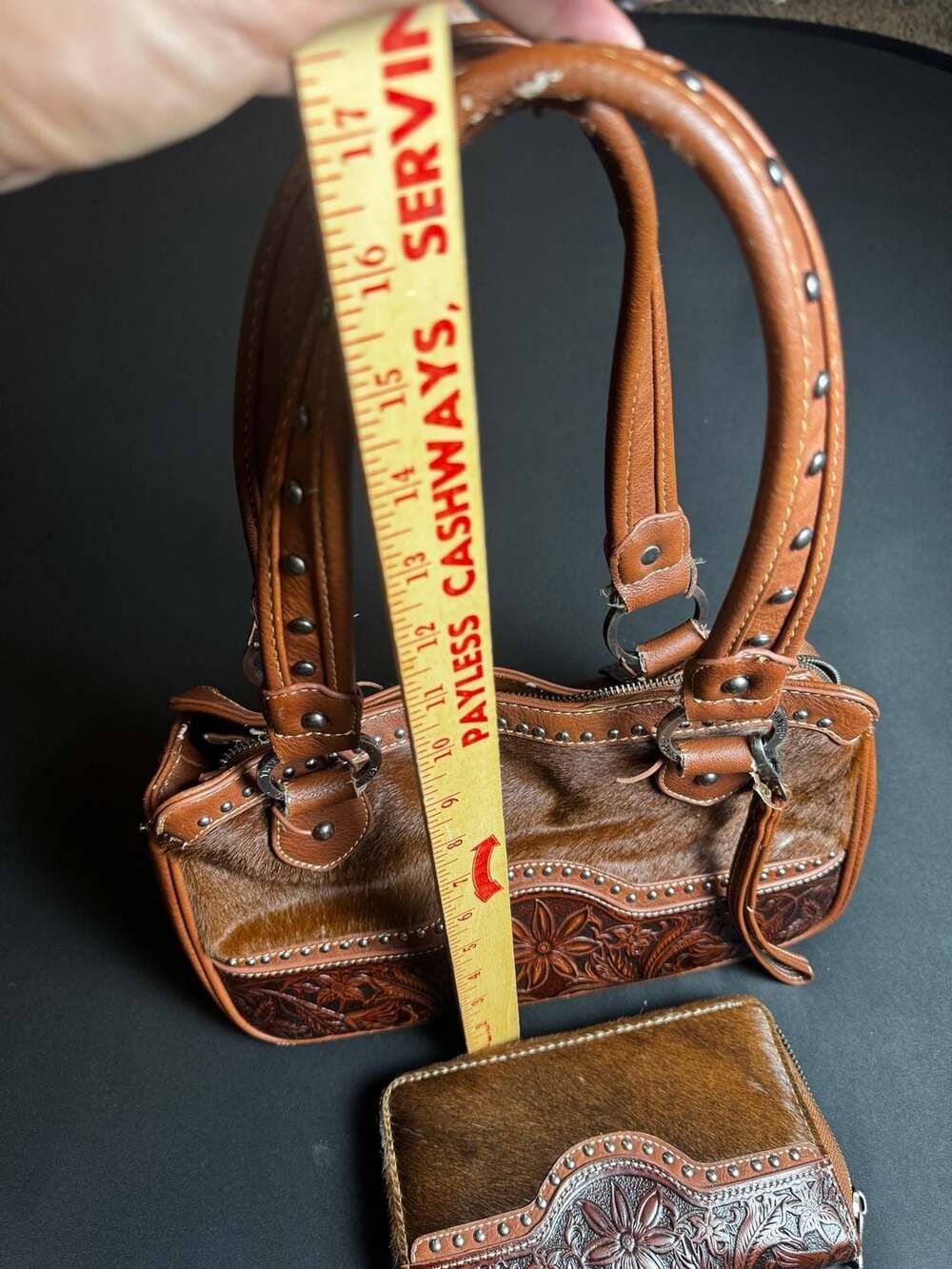 Trinity Ranch Western Floral Tooled Leather and Cowhide Purse and Wallet Set - Picture 9 of 12
